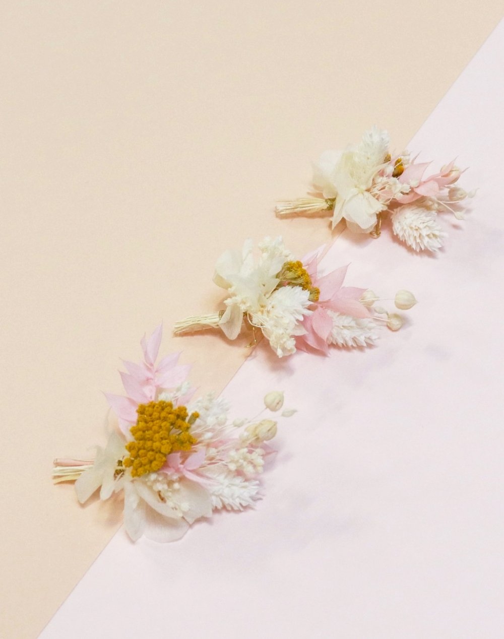 Happiness - Trio de boutonnières en fleurs séchées