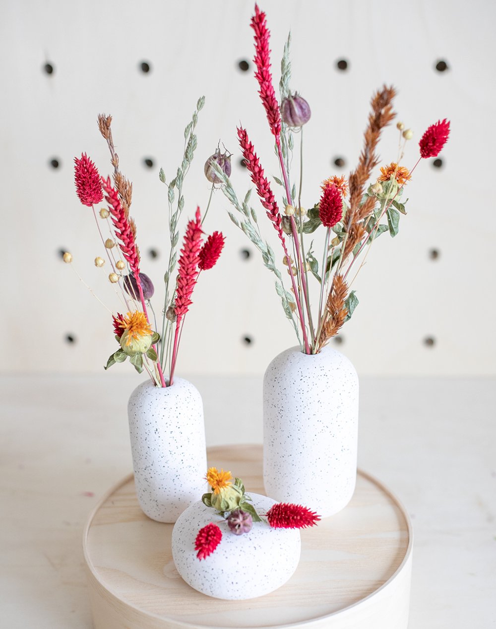 Trio de soliflores et ses fleurs séchées Rouge